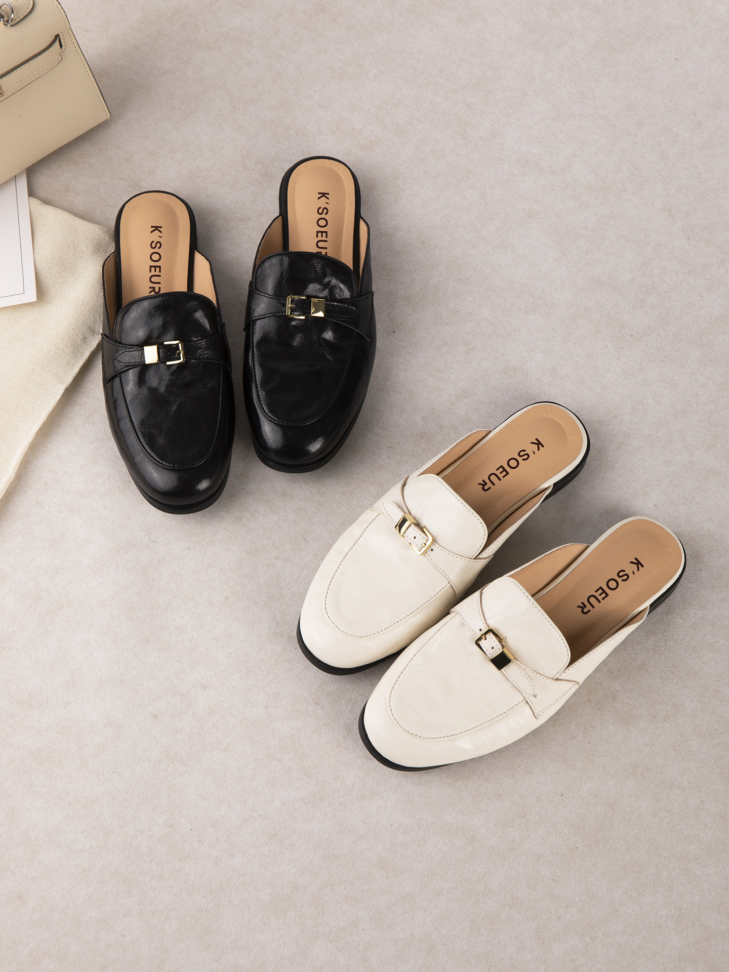 K姐 皮带扣穆勒拖 头层植鞣羊皮 简约精致小圆头乐福半拖鞋子主图