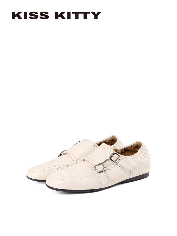 KISSKITTY羊皮雕花布洛克鞋26新款复古乐福鞋平底小皮鞋女配裙子主图