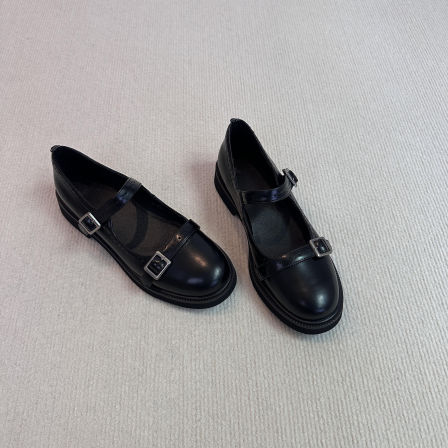 羊皮版~真皮一字带圆头低跟玛丽珍鞋女法式优雅通勤布洛克小皮鞋