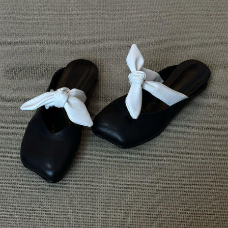 HoneyRain~方头法式蝴蝶结平底包头凉拖鞋女外穿一脚蹬穆勒半拖鞋