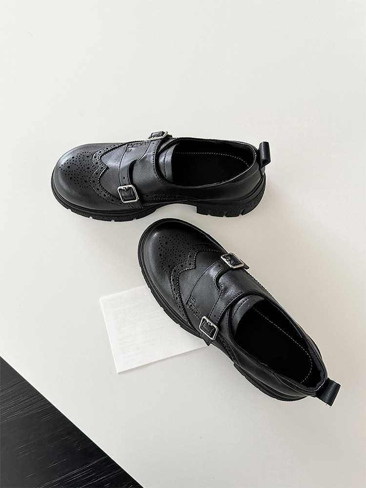 羊皮版~英伦风布洛克雕花乐福鞋女时髦双扣带中跟黑色复古小皮鞋主图