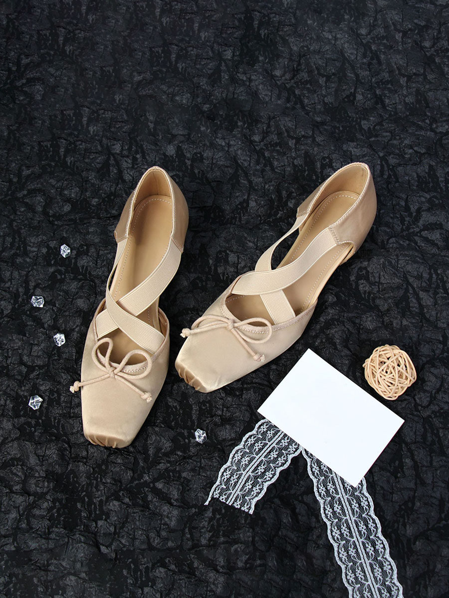 羊皮版~方头猪鼻子蝴蝶结法式芭蕾舞鞋镂空交叉带浅口内增高单鞋主图