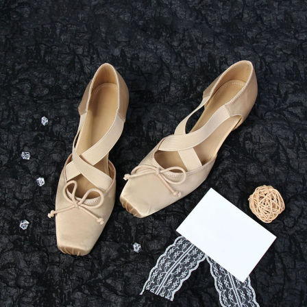 羊皮版~方头猪鼻子蝴蝶结法式芭蕾舞鞋镂空交叉带浅口内增高单鞋