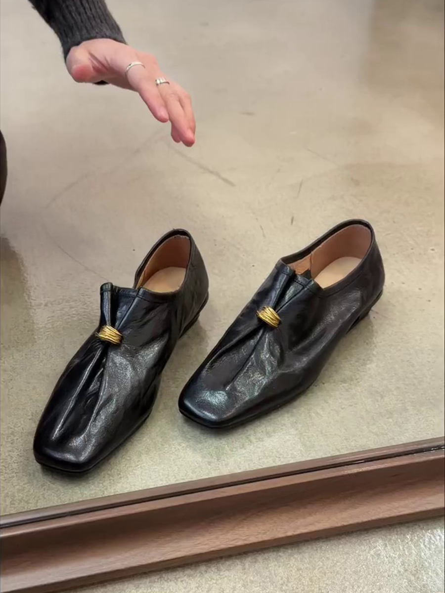 羊皮版~方头褶皱设计低跟百搭时尚高级感气质老钱风女款小皮鞋主图