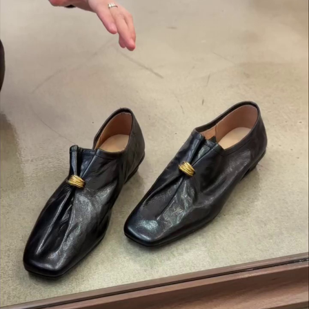 羊皮版~方头褶皱设计低跟百搭时尚高级感气质老钱风女款小皮鞋