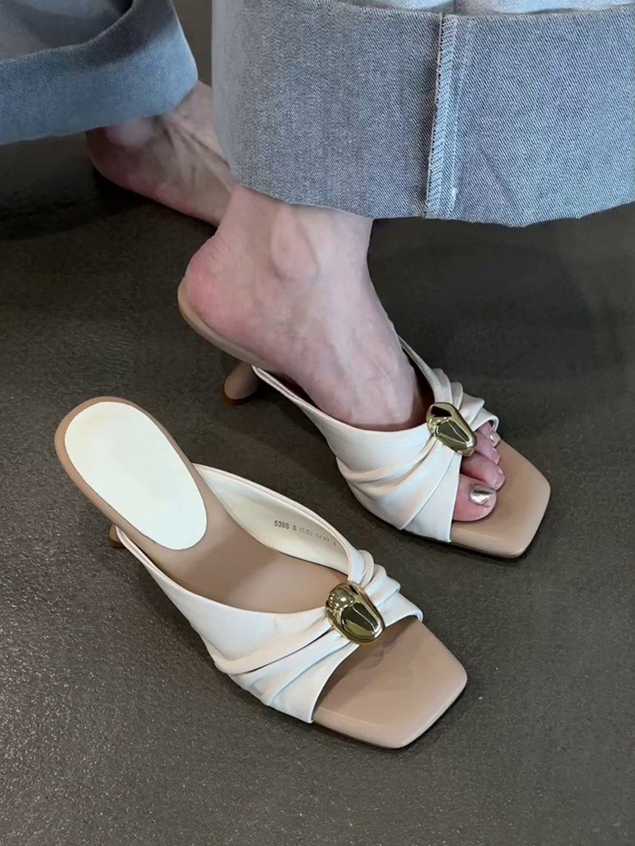 羊皮版~仙女风气质高跟凉鞋女夏季外穿褶皱金属扣一字凉拖鞋主图