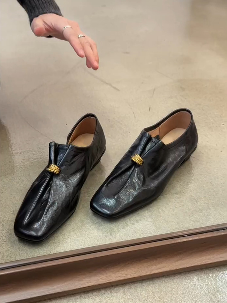 羊皮版~英伦风中性真皮一脚蹬方头小皮鞋女金属扣低跟小众乐福鞋主图