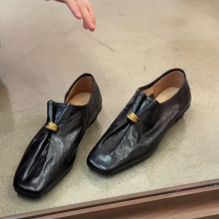 羊皮版~英伦风中性真皮一脚蹬方头小皮鞋女金属扣低跟小众乐福鞋