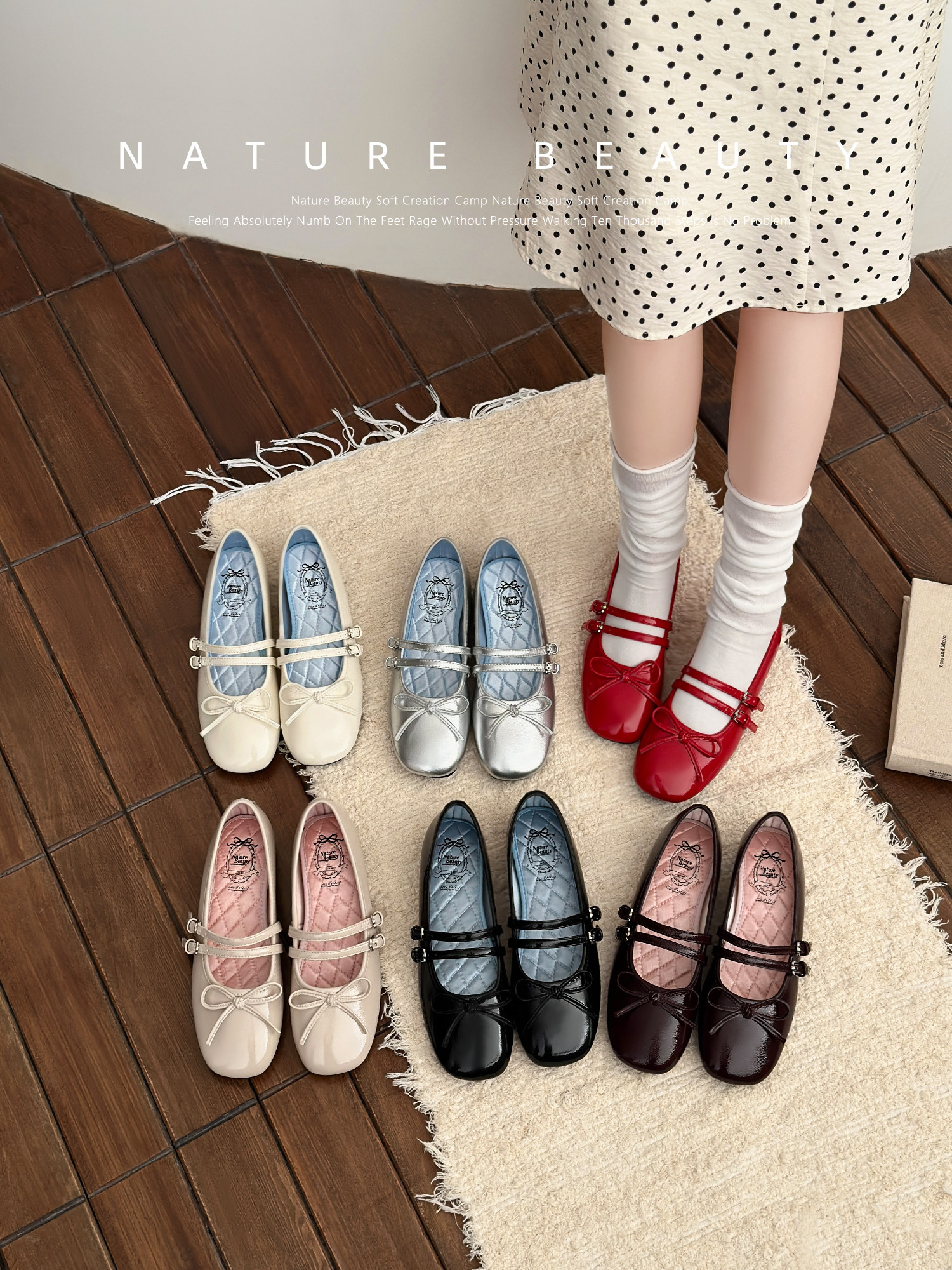 自然卷春季新款休闲芭蕾鞋女软底舒适法式甜美蝴蝶结复古玛丽珍鞋主图