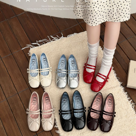 自然卷春季新款休闲芭蕾鞋女软底舒适法式甜美蝴蝶结复古玛丽珍鞋