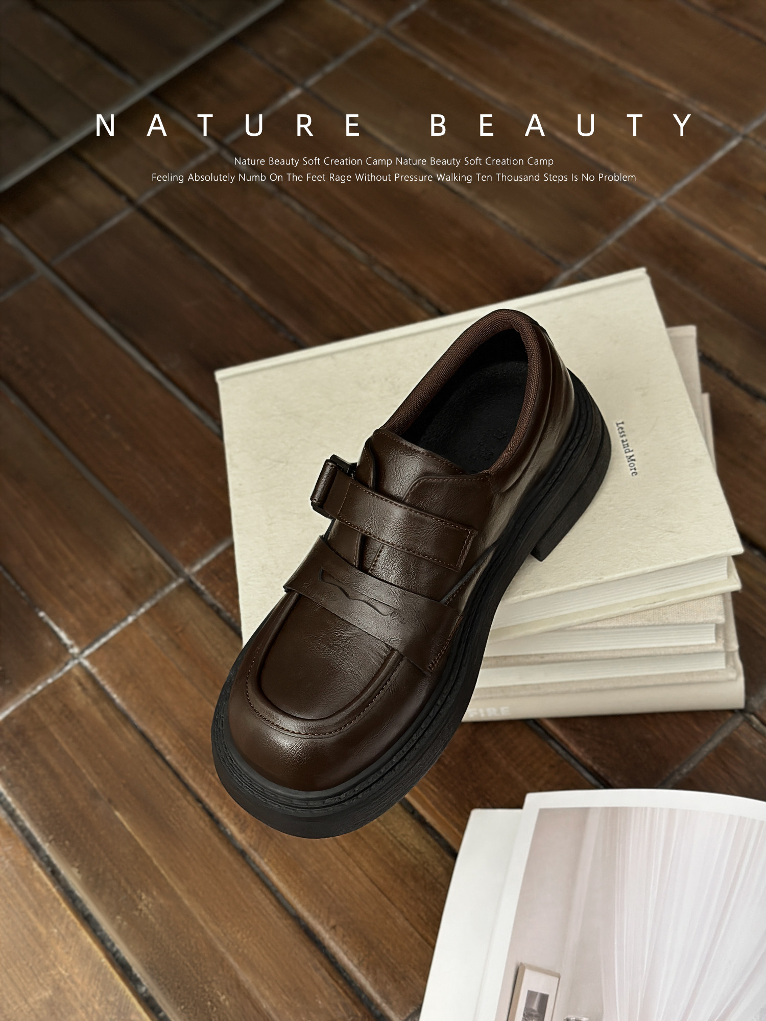 自然卷英伦风粗跟厚底乐福鞋复古增高一脚蹬通勤舒适百搭小皮鞋女主图