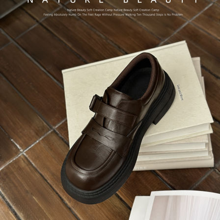 自然卷英伦风粗跟厚底乐福鞋复古增高一脚蹬通勤舒适百搭小皮鞋女