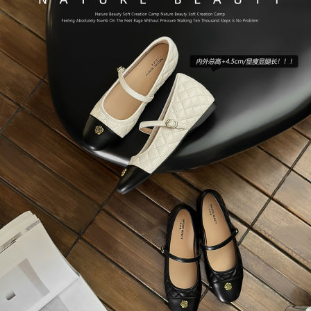 自然卷内增高山茶花小香风菱格法式气质通勤方圆头玛丽珍小皮鞋女