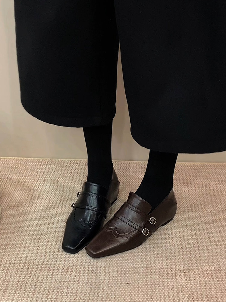 羊皮版~文艺老钱风真皮小众时髦乐福鞋女方头搭扣雕花设计小皮鞋主图