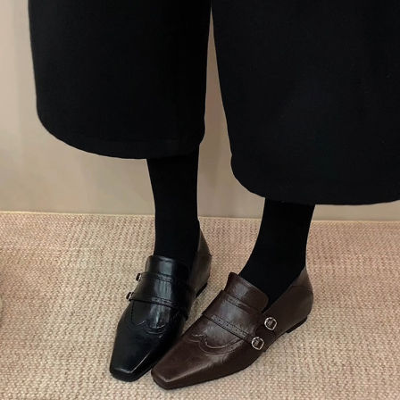 羊皮版~文艺老钱风真皮小众时髦乐福鞋女方头搭扣雕花设计小皮鞋