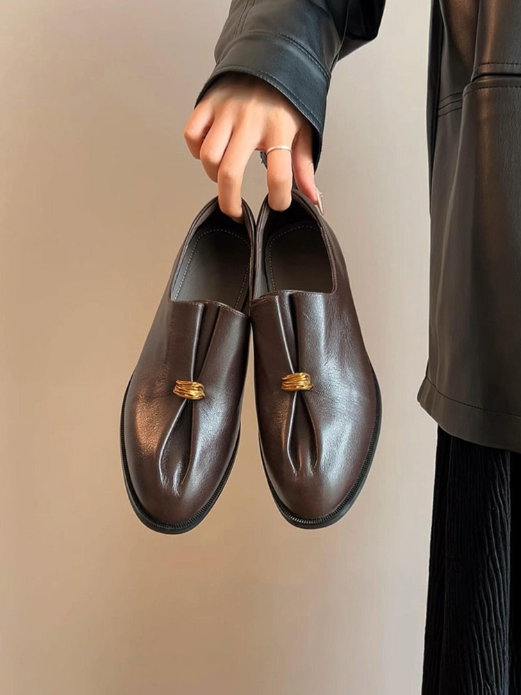 羊皮版~老钱风时尚金属扣真皮百搭小皮鞋女法式复古外穿深口单鞋主图