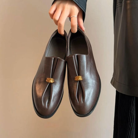 羊皮版~老钱风时尚金属扣真皮百搭小皮鞋女法式复古外穿深口单鞋