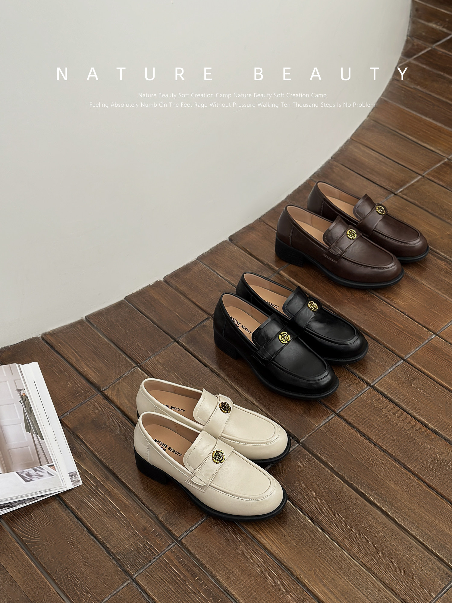 自然卷山茶花粗跟鞋复古小金扣懒人鞋乐福鞋法式圆尖头通勤小皮鞋主图