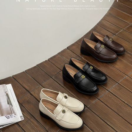 自然卷山茶花粗跟鞋复古小金扣懒人鞋乐福鞋法式圆尖头通勤小皮鞋