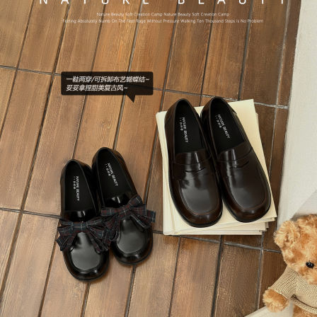 自然卷两穿乐福鞋经典学院风小皮鞋文艺蝴蝶结JK制服鞋通勤单鞋女