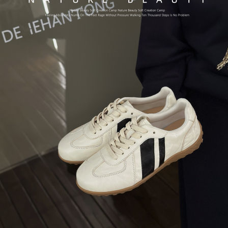 自然卷褶皱羊皮复古平底运动鞋女系带拼色百搭休闲板鞋舒适德训鞋