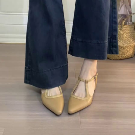 羊皮版~法式尖头内增高单鞋浅口中空一字扣玛丽珍鞋气质包头凉鞋