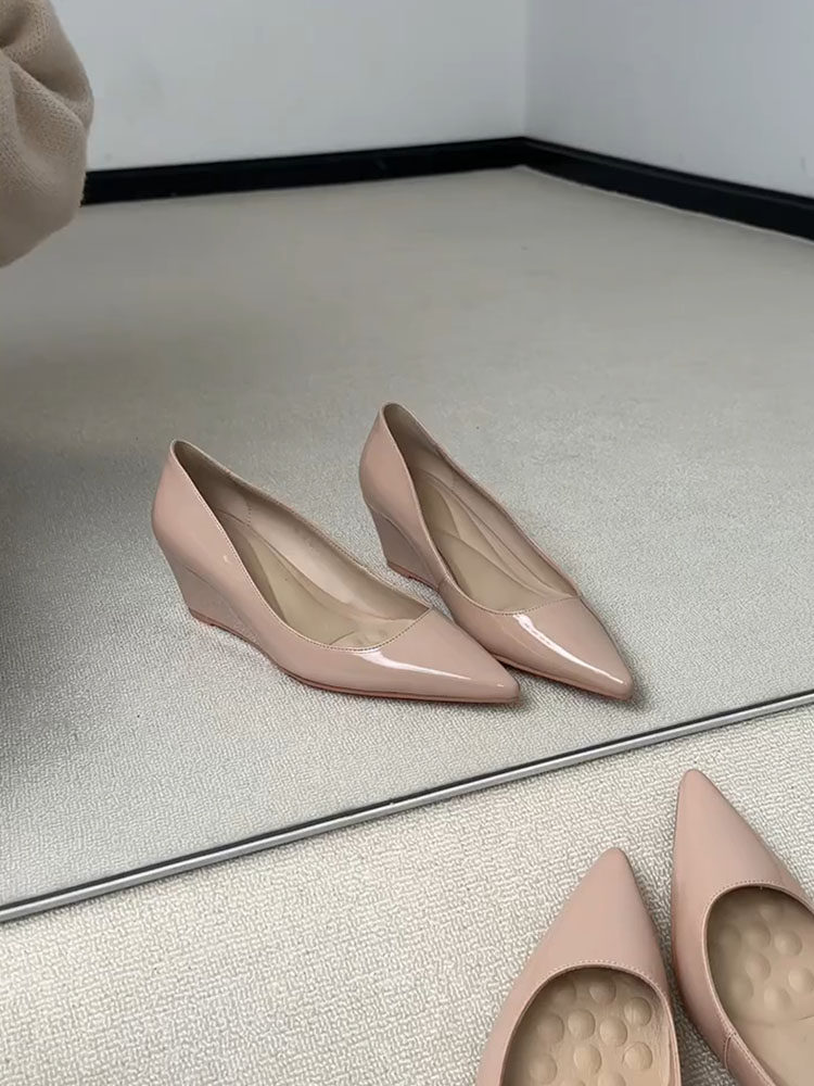 羊皮版~优雅气质坡跟温柔高跟鞋女一脚蹬不累脚漆皮尖头时尚单鞋主图