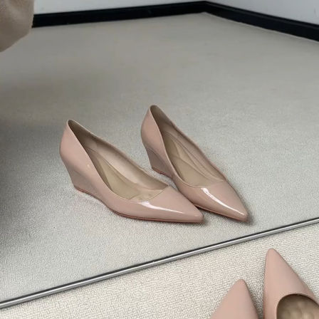 羊皮版~优雅气质坡跟温柔高跟鞋女一脚蹬不累脚漆皮尖头时尚单鞋