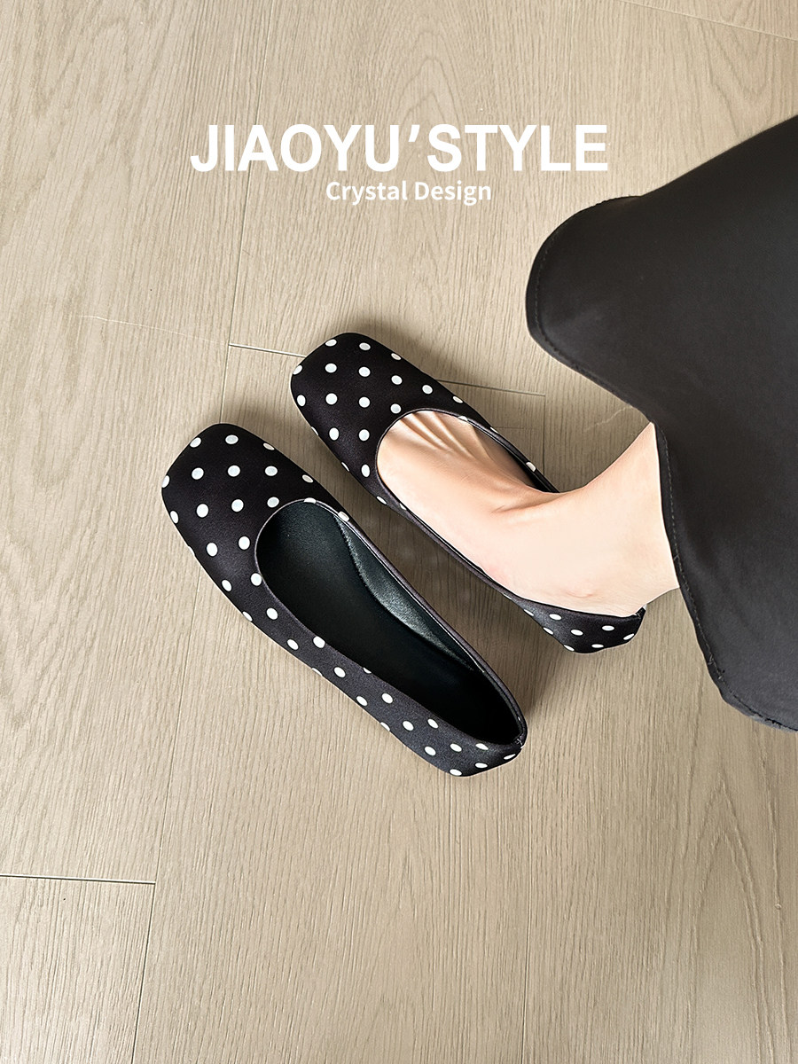 真皮~骄屿法式复古波点玛丽珍鞋2026春新款黑色通勤浅口芭蕾单鞋主图