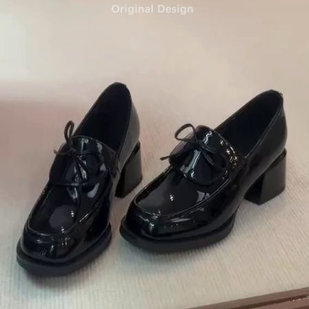 牛皮版~通勤百搭乐福鞋女一脚蹬粗跟蝴蝶结单鞋复古英伦风小皮鞋