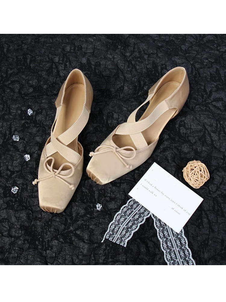 羊皮版~法式绸缎面方头交叉带芭蕾鞋女蝴蝶结方头内增高绝美单鞋主图