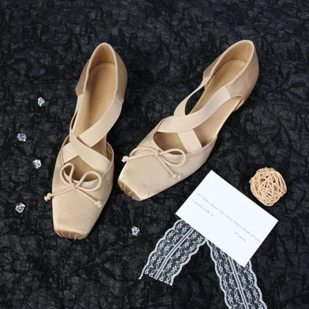 羊皮版~法式绸缎面方头交叉带芭蕾鞋女蝴蝶结方头内增高绝美单鞋