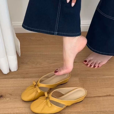 羊皮版~法式温柔褶皱包头鞋女一脚蹬厚底蝴蝶结山茶花镂空凉拖鞋