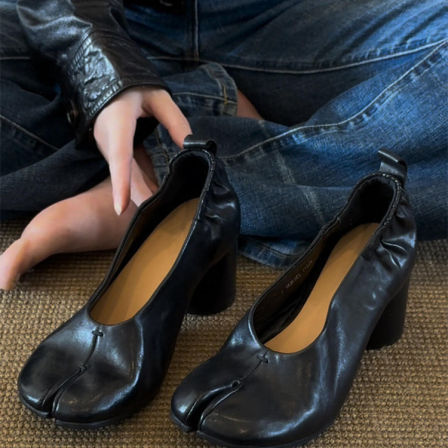 羊皮版~百搭时尚复古小众分趾鞋女 一脚蹬真皮褶皱新款高跟单鞋春