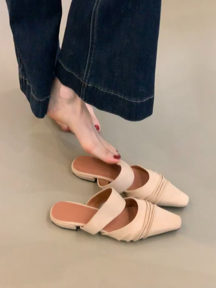 羊皮版~慵懒时尚复古褶皱包头半拖鞋女百搭配裙子外穿低跟凉拖鞋主图