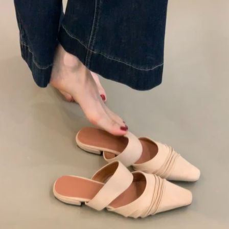 羊皮版~慵懒时尚复古褶皱包头半拖鞋女百搭配裙子外穿低跟凉拖鞋