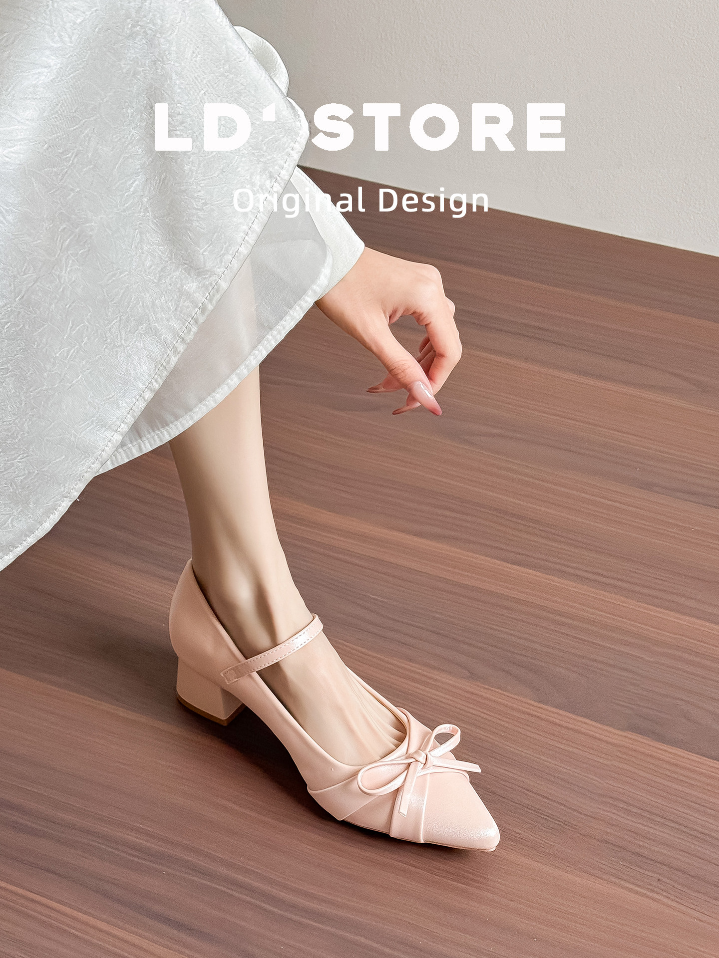 真皮~裸色尖头玛丽珍高跟鞋女春蝴蝶结不累脚伴娘鞋婚鞋粗跟单鞋主图