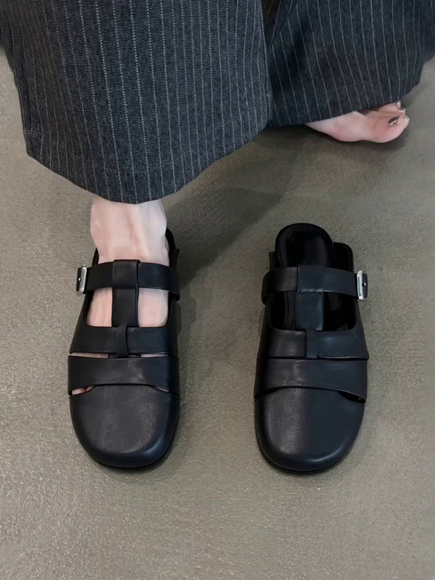 Wheat house ~！复古圆头编织厚底包头半拖女一字扣低跟穆勒拖鞋主图