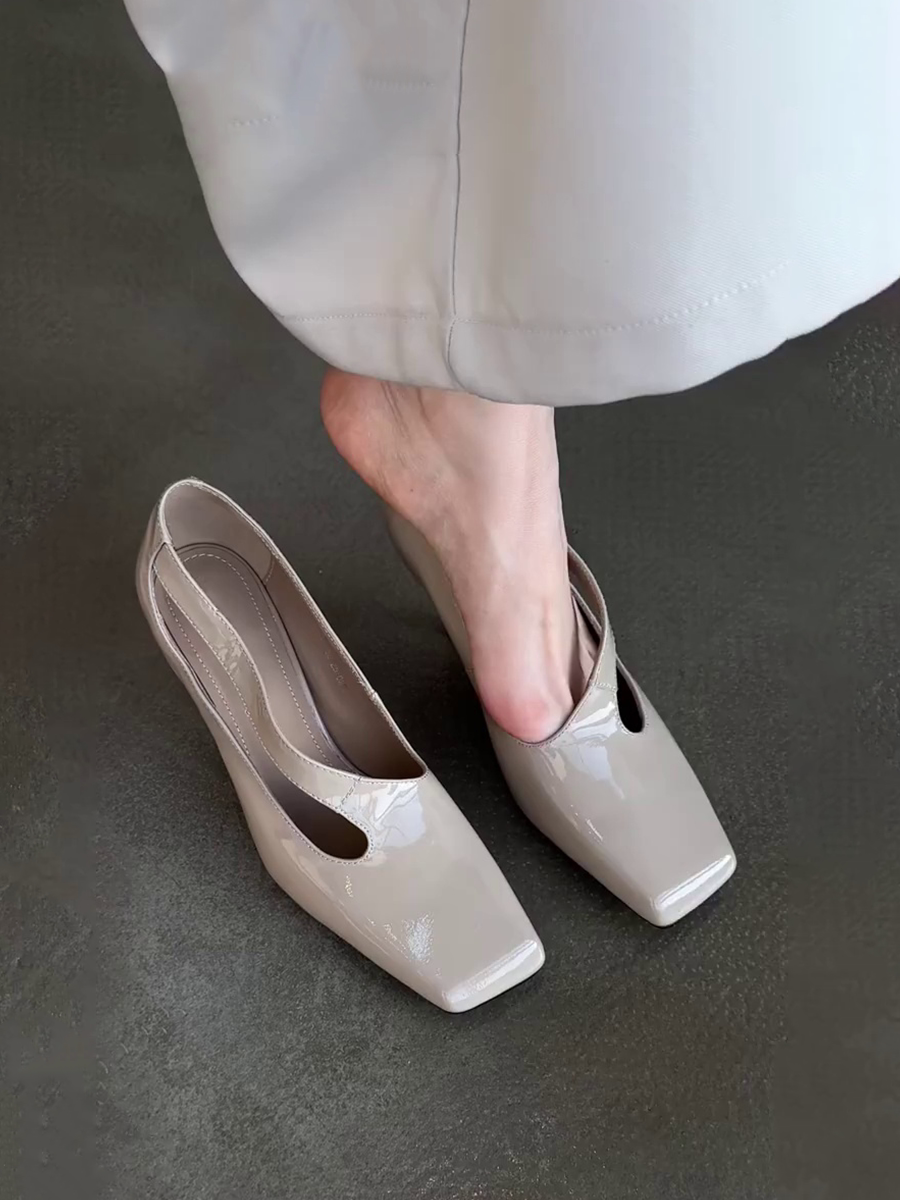 羊皮版~高级感方头时尚单鞋漆皮休闲小众一脚蹬百搭鞋子浅口设计主图