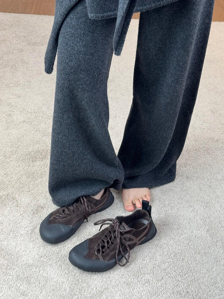 羊皮版~轻便时尚舒适显瘦百搭不累脚系带休闲鞋女复古拼色德训鞋主图