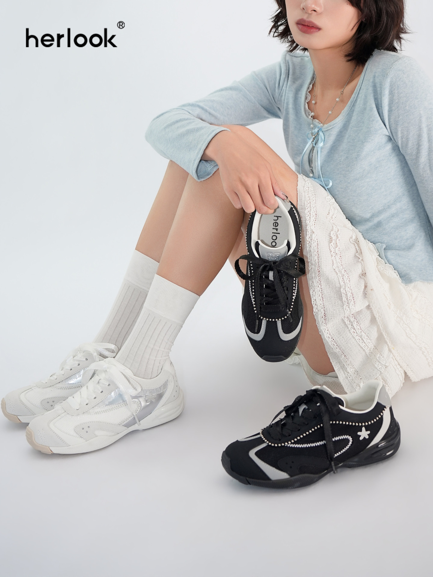 HERLOOK海洋系列芭蕾风德训鞋女2026春季时尚百搭软底休闲小白鞋主图