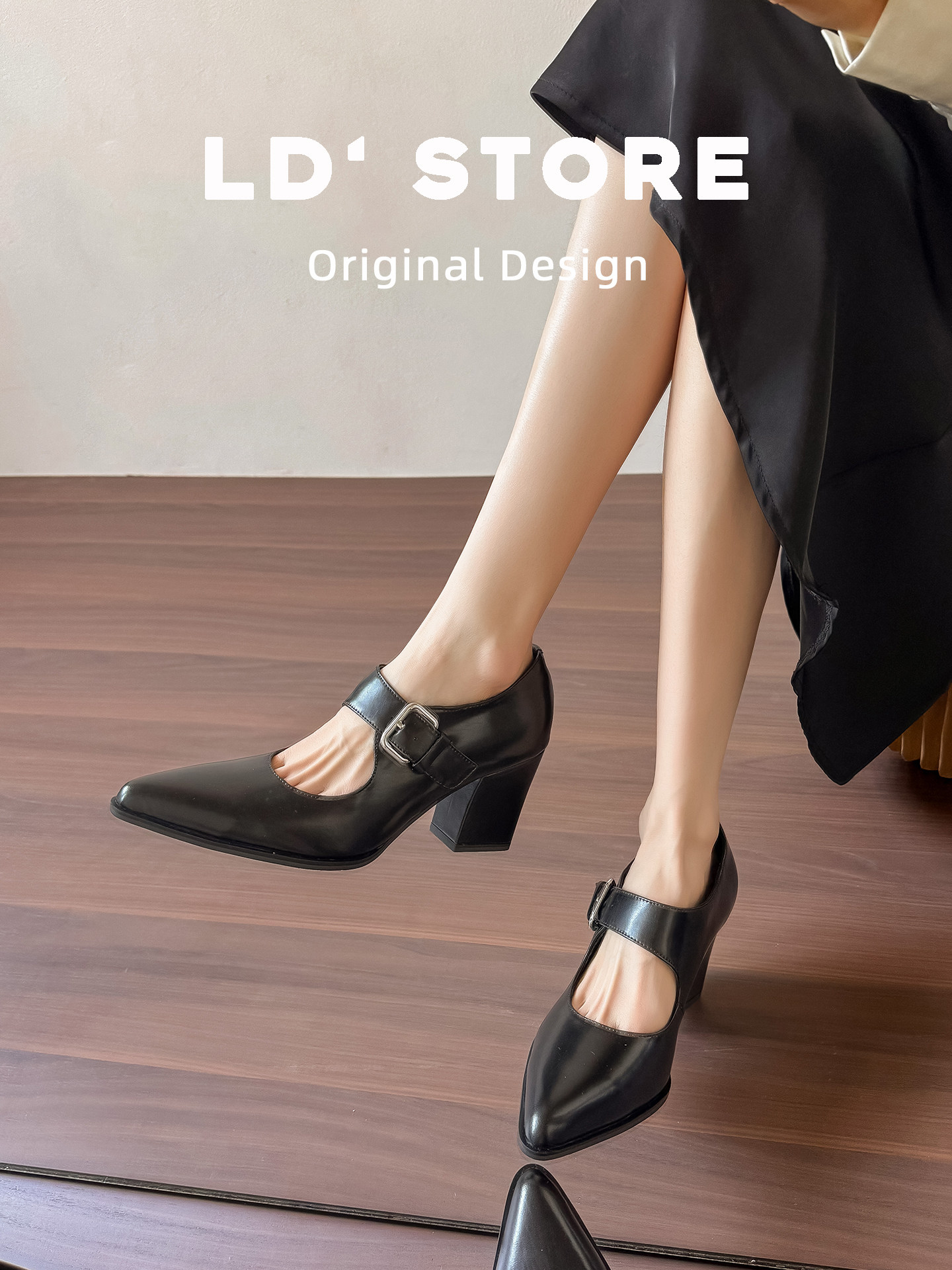 真皮~法式粗跟尖头黑色玛丽珍单鞋女春季一字扣不累脚通勤高跟鞋主图