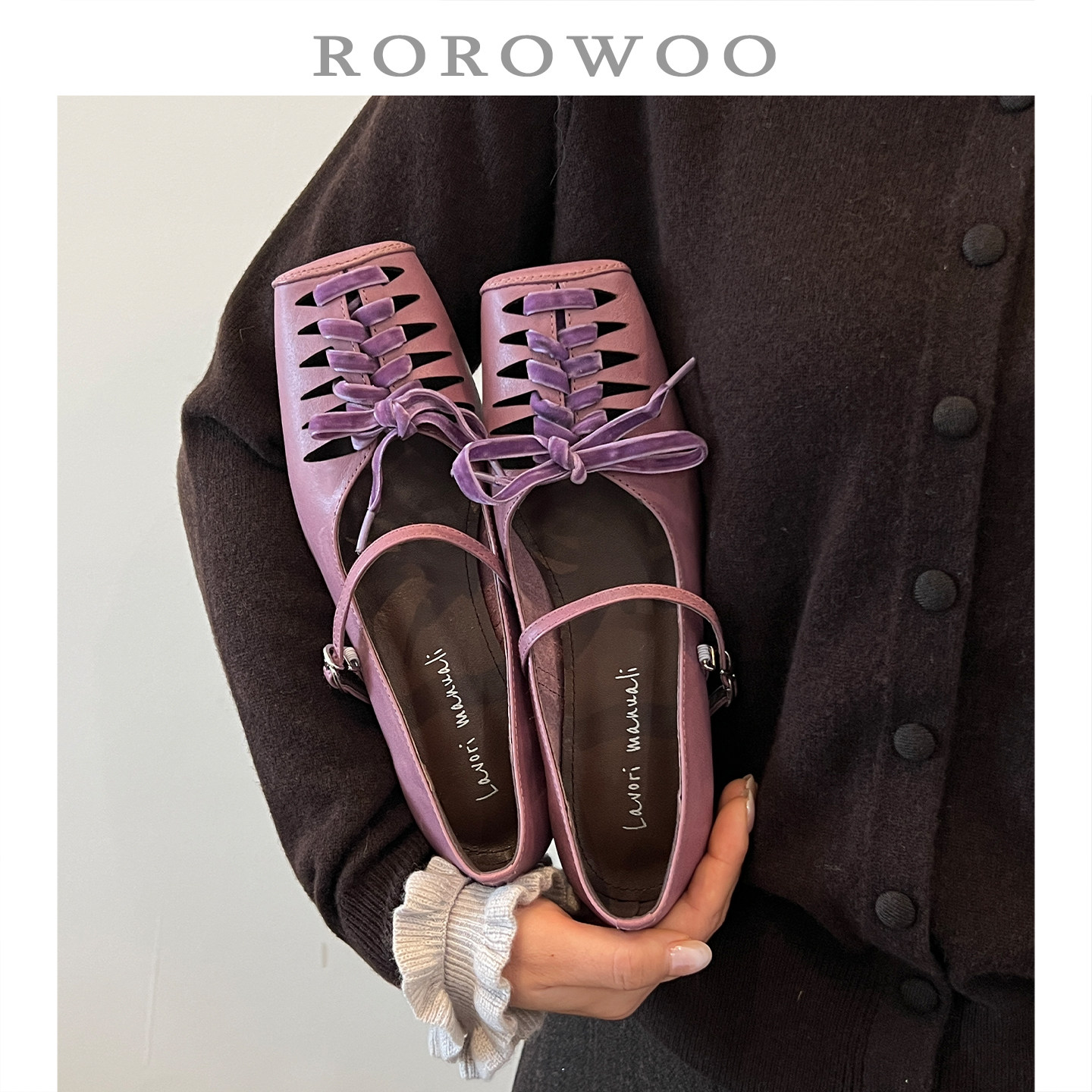 娆娆吴真皮个性法式镂空交叉带玛丽珍春季新款方头中跟单鞋女K30主图