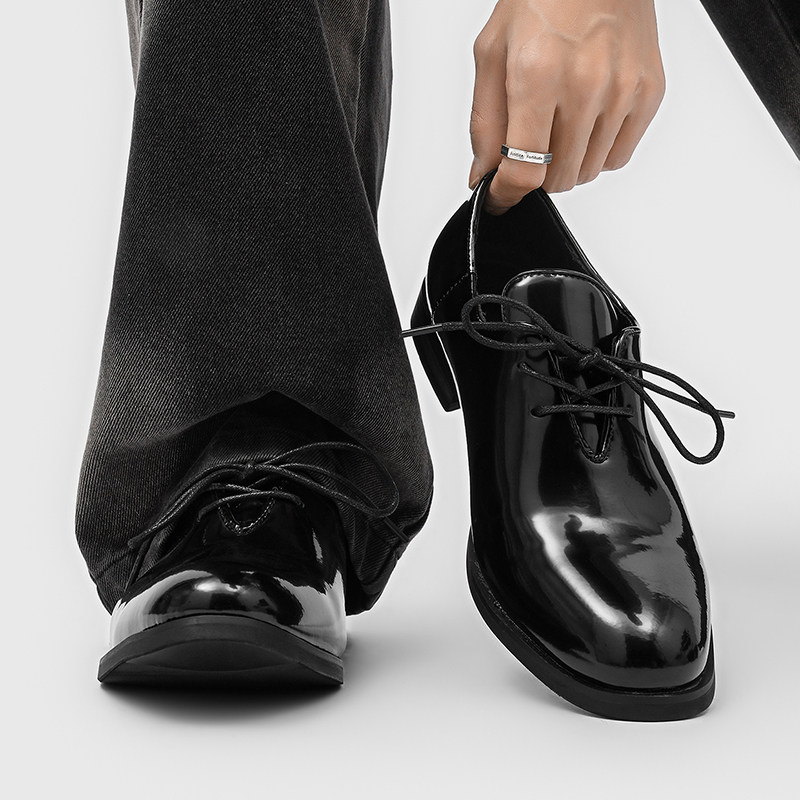 老钱风极简尖头德比鞋男亮面漆皮薄底皮鞋商务正装休闲方头牛津鞋主图