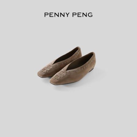 PENNYPENG 方头芭蕾鞋 复古羊京皮时尚方头金属气眼松弛感平底鞋