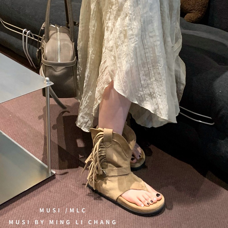 厚底夹趾凉靴女靴子2026新款夏季凉鞋V口中筒堆堆靴配裙子小短靴主图