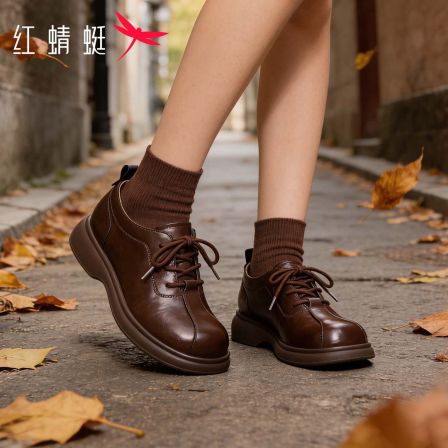 红蜻蜓女士春秋季常规纯色修面商务浅口百搭休闲时尚圆头系带单鞋
