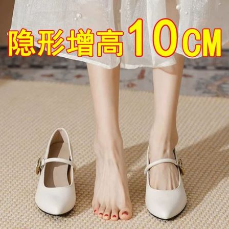 真皮高跟鞋女10cm内增高春季新款粗跟小个子尖头玛丽珍一字带单鞋