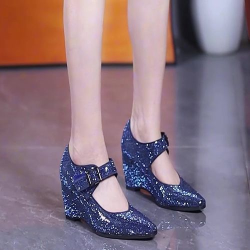 春秋季方头满钻防水坡跟鞋女时装靴不累脚厚底百搭坡跟短靴高跟鞋主图