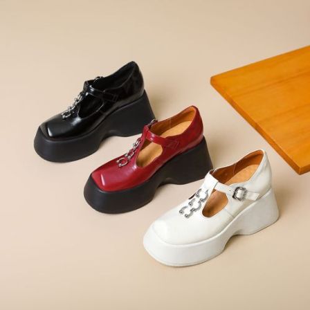 10cm增高玛丽珍鞋女手工文艺复古靴圆头百搭春秋复古厚底松糕皮鞋